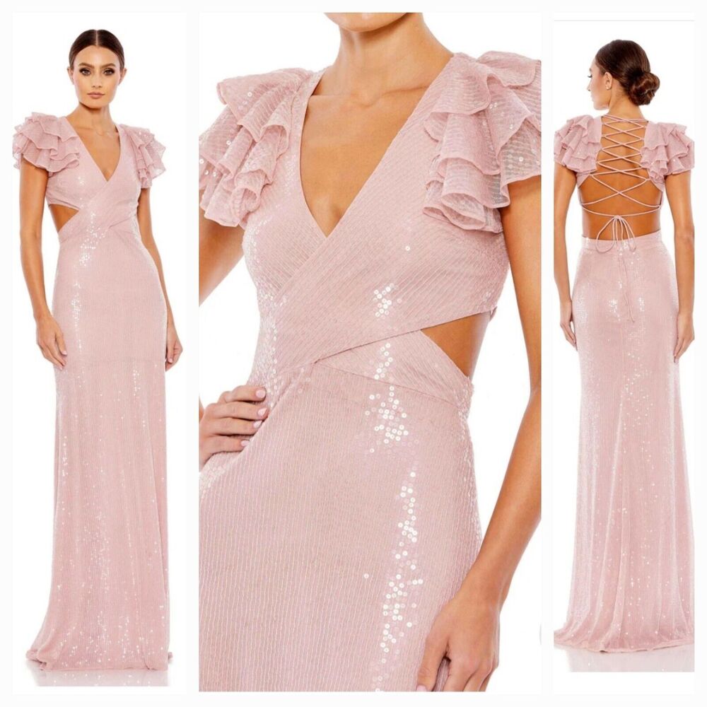 New MAC DUGGAL 10829 Rose Sequined Ruffled Cut Out Lace Up Gown Wm's (2) $598